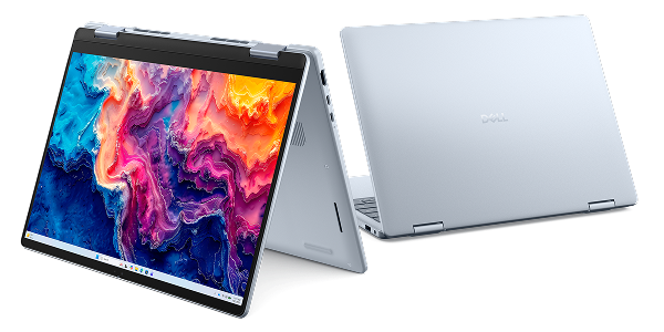 An easel view and rear view of a Dell 14 Plus 2-in-1 touch laptop computer.