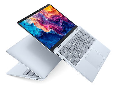Two Dell 14 Plus Laptop computers arranged with one partially opened and the other floating in midair, fully opened above it.