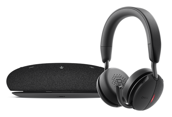 Dell Pro Plus Wireless Speakerphone SL525 in side view and Dell Pro Plus Wireless ANC Headset WL5024.