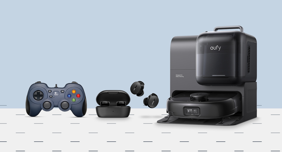 Collection of tech accessories featuring a robotic vacuum and docking station, wireless earbuds and a gaming controller.