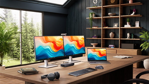 Home office set up with dual monitors using the Dell Pro 14 Plus PB14250, P2425H, P2425HE, WL5024, WB5023, KM7321W and SD25TB4