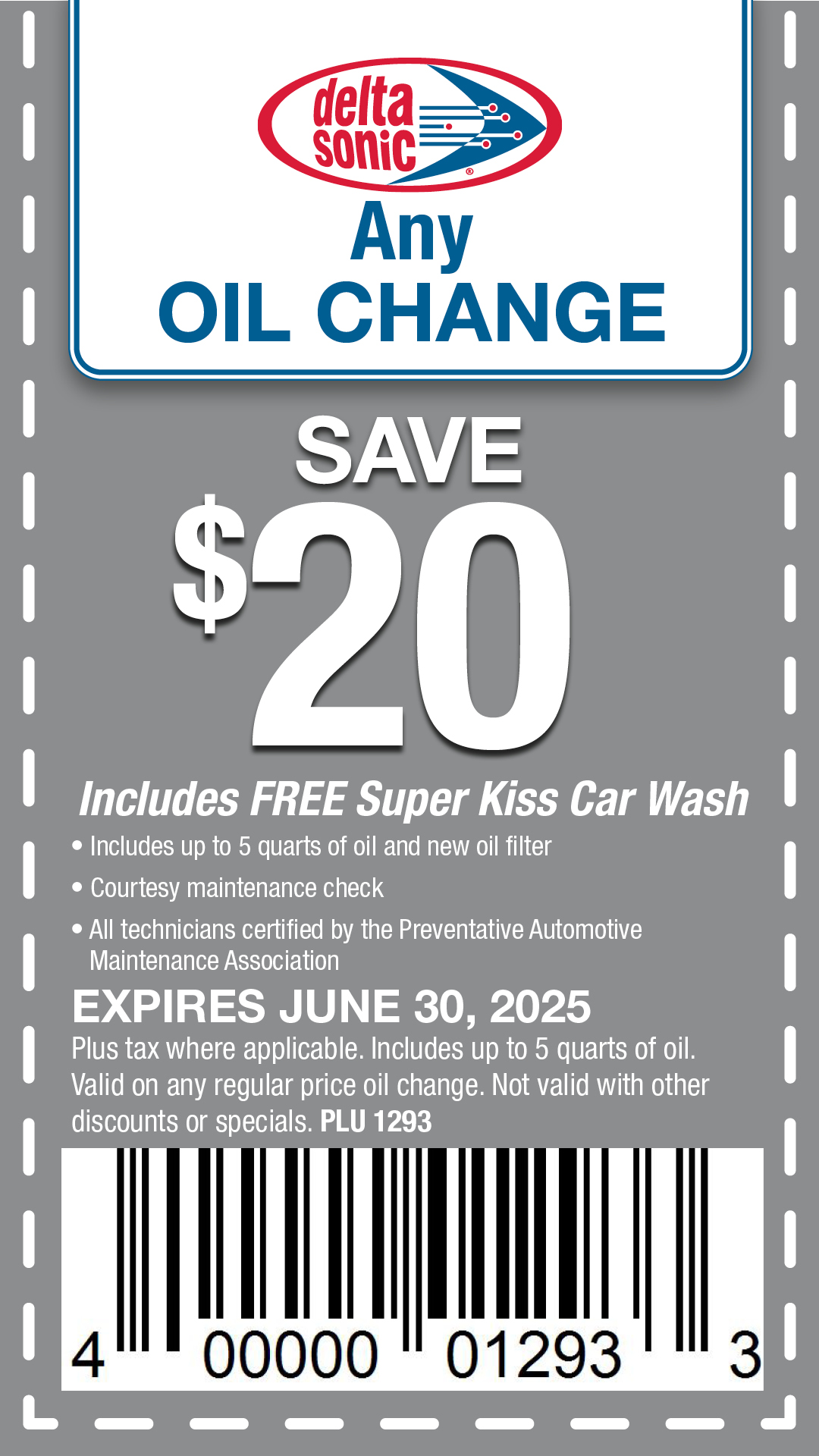 any oil change $20 off plu 1293