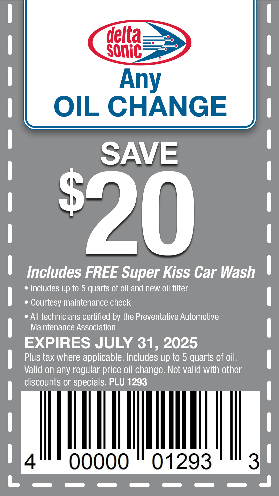 any oil change $20 off plu 1293