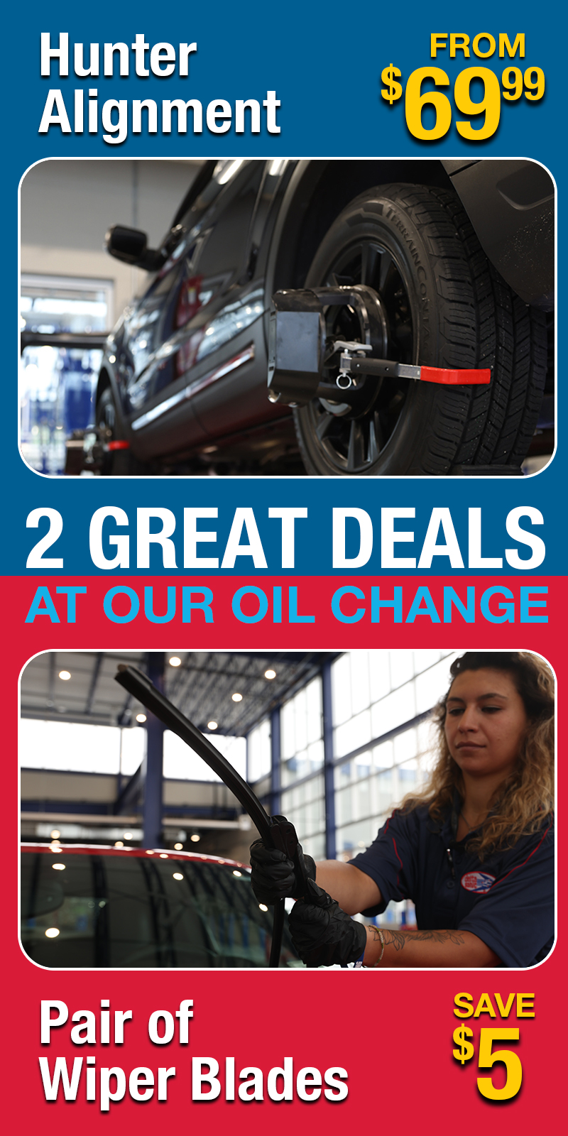 Hunter alignment from $69.99 pair of wiper blades $5 off