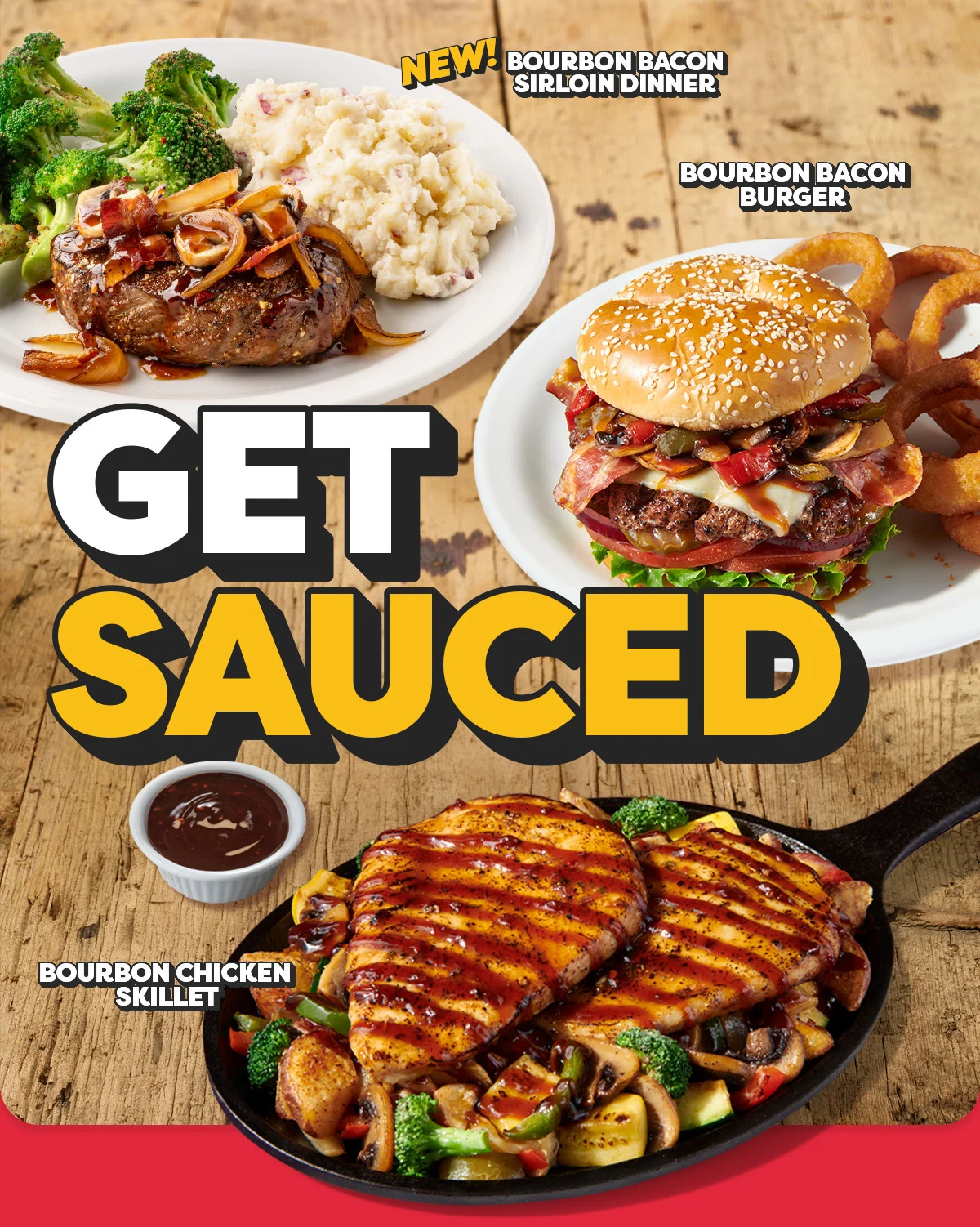 New! Bourbon Bacon Sirloin Dinner - Bourbon Bacon Burger - Get Sauced - Bourbon Chicken Skillet