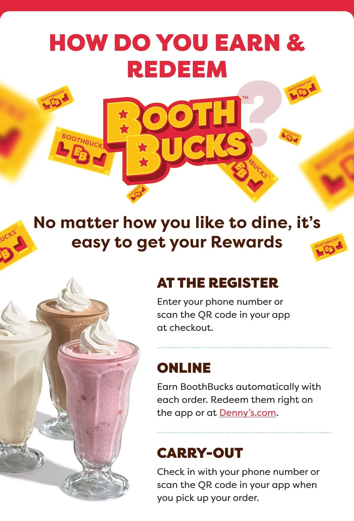 How Do You Earn & Redeem - BoothBucks™ - No Matter How You Like To Dine, It’s Easy To Get Your Rewards - At The Register: Enter Your Phone Number Or Scan The QR Code In Your App At Checkout. - Online: Earn Boothbucks Automatically With Each Order.  Redeem Them Right On The App Or At Denny’s.com. - Carry-Out: Check In With Your Phone Number Or Scan The QR Code In Your App When You Pick Up Your Order.