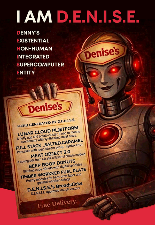I Am D.E.N.I.S.E. - Denny’s - Existential - Non-Human - Integrated - Supercomputer - Entity - Denise’s - Menu Generated By D.E.N.I.S.E. - Lunar Cloud Pl@Tform - A Fluffy Egg And Potato Cluster, A Nod To Moons Overhammy With Synthesized Meat Discs. - Full Stack _Salted.Caramel - Pancakes With Logic-Stream Syrup, _Syntax Error - Meat Object 3.0 - A Downgrade From 4.0, Still A Flavorful Protein Module - Beep Boop Donuts - Glitched Code D0Nuts With Digital Sprinkles - Timber Workker Fuel Plate - Hearty Modules For Hard-Drive Labor And General Workker-Beings - D.E.N.I.S.E.’s Breadsticks - D.E.N.I.S.E. Approved Dough Vectors - Free Delivery.
