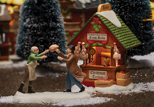 Dressed Turkey Auction lighted building and figurine 2-piece set