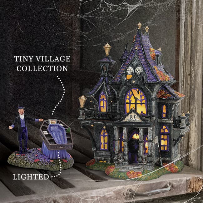 Puckett's Funerarium lighted building and You Can Take It With You! lighted accessory with tiny village collection