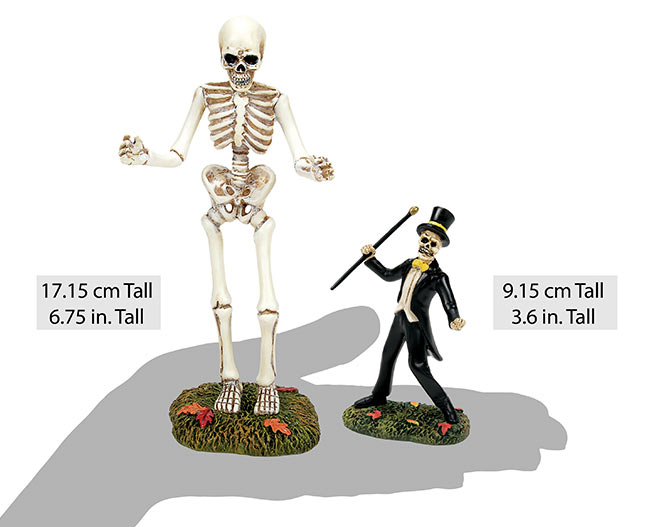 Skeleton figure 6.75 in tall next to 3.6 in tall skeleton accessory