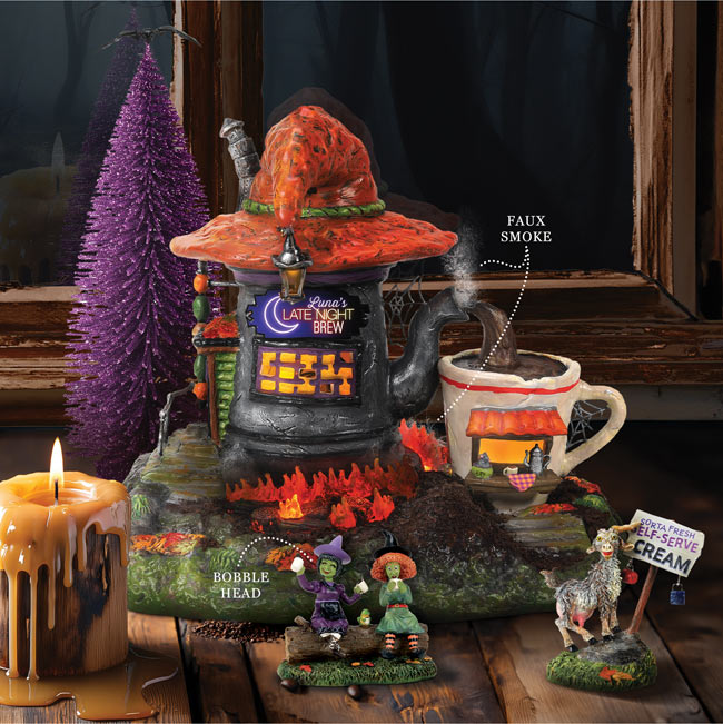 Luna's Late Night Brew lighted building with faux smoke and Jitter Witches bobblehead accessory