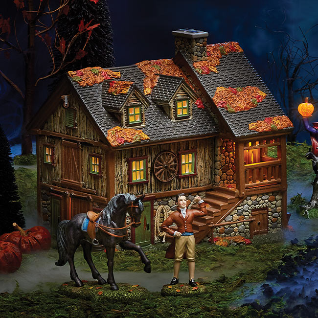 Sleepy Hollow Stables lighted building and Brom Van Brunt & his horse Daredevil 2-pc Set accessory