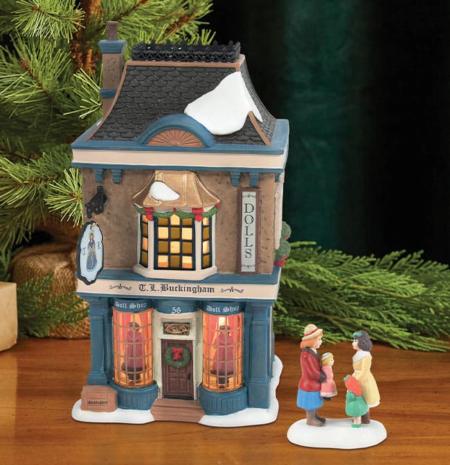 T. L. Buckingham Doll Shop lighted building and Girls With Their Dolls figurine