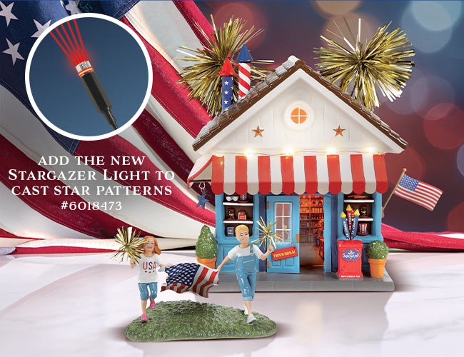 Patriotic village shop with flags and fireworks for America's 250thn