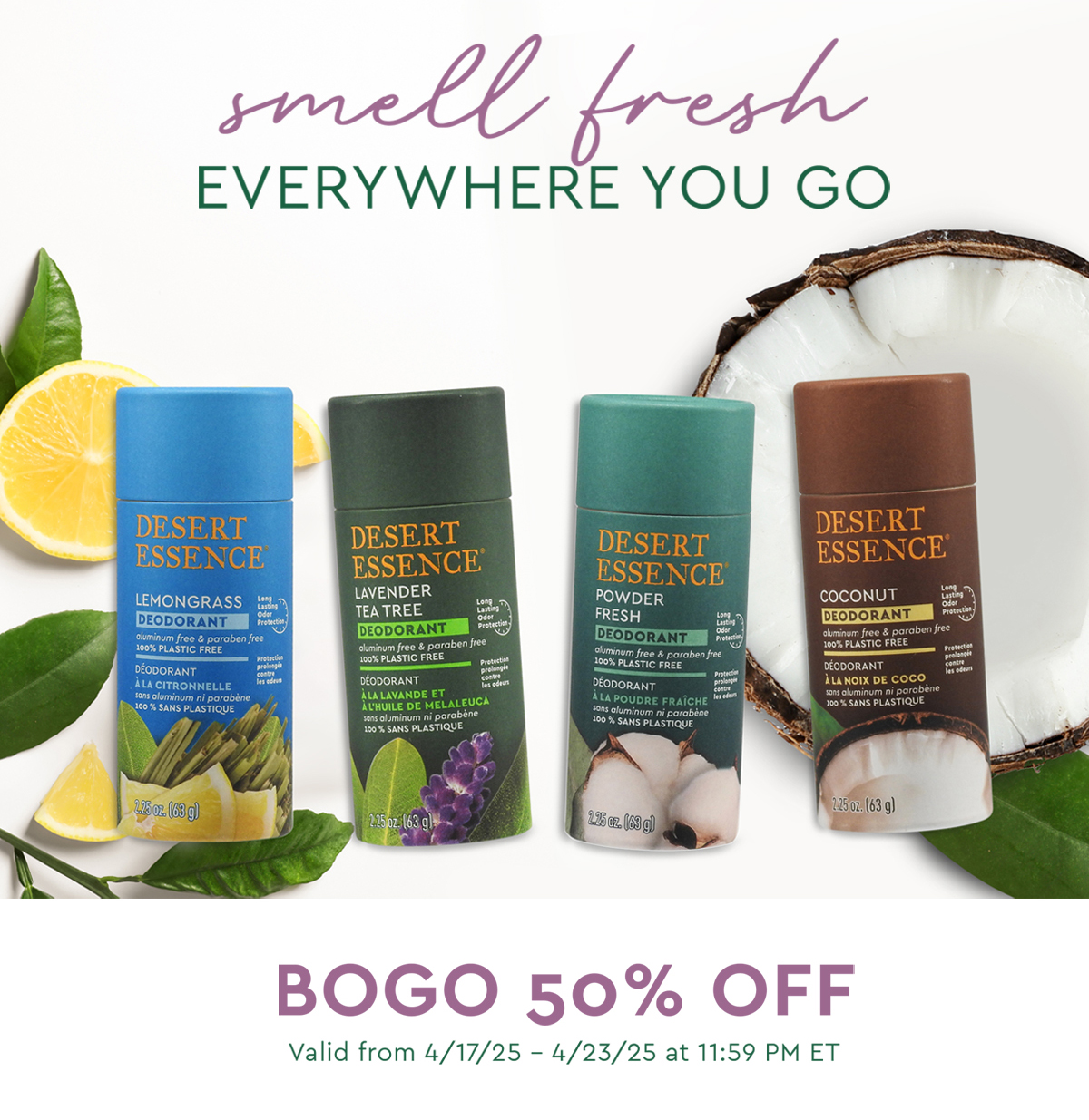 smell fresh everywhere you go, bogo 50% off - now through 4/23/25