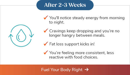 After 2-3 Weeks - You'll notice steady energy from morning to night. - Cravings keep dropping and you’re no longer hangry between meals. - Fat loss support kicks in! - You’re feeling more consistent, less reactive with food choices. Fuel Your Body Right >>
