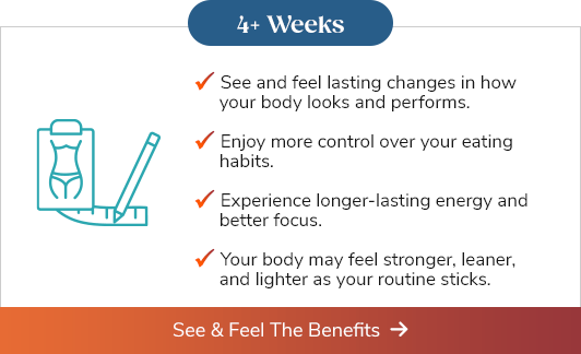 4 Weeks+ - See and feel lasting changes in how your body looks and performs. - Enjoy more control over your eating habits. - Experience longer-lasting energy and better focus. - Your body may feel stronger, leaner, and lighter as your routine sticks. See & Feel The Benefits >>