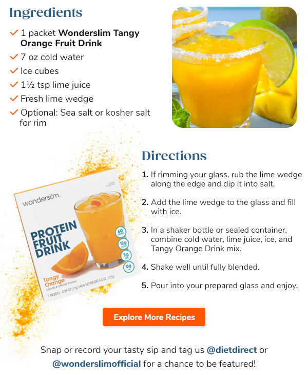 Ingredients - 1 packet Wonderslim Tangy Orange Fruit Drink - 7 oz cold water - Ice cubes - 1½ tsp lime juice - Fresh lime wedge - Optional: Sea salt or kosher salt for rim