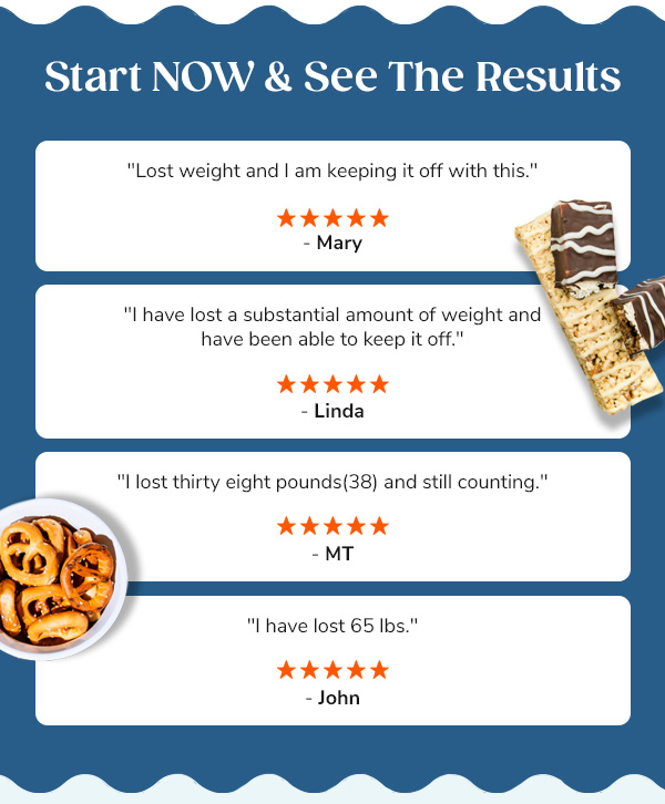 Start NOW &  See The Results "Lost weight and I am keeping it off with this." - Mary "I have lost a substantial amount of weight and have been able to keep it off." - Linda "I lost thirty eight pounds(38) and still counting." - MT "I have lost 65 lbs." - John