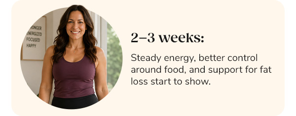 2–3 weeks: Steady energy, better control around food, and support for fat loss start to show.