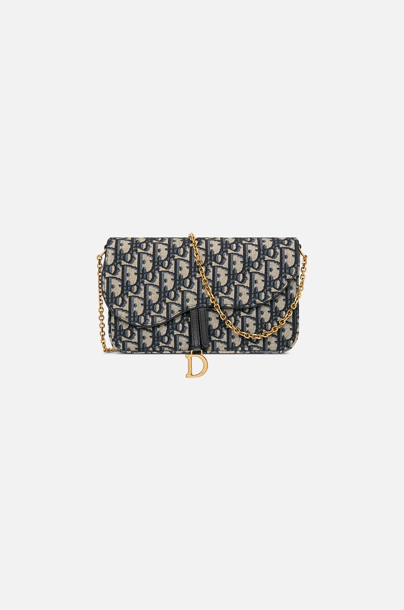 Medium Saddle Pouch with Chain, Blue Dior Oblique Jacquard