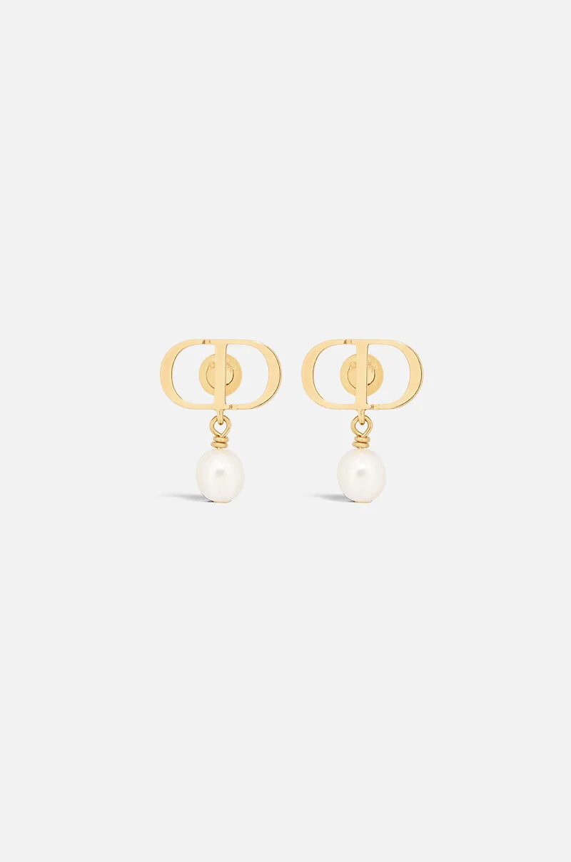 Petit CD Earrings, Gold-Finish Metal and White Resin Pearls