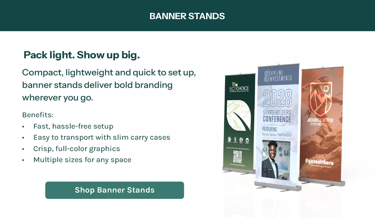 Compact, lightweight and quick to set up, banner stands deliver bold branding wherever you go.