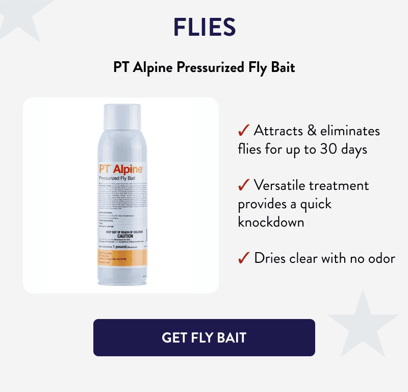 Flies  PT Alpine Pressurized Fly Bait  - Attracts & eliminates flies for up to 30 days - Versatile treatment provides a quick knockdown - Dries clear with no odor  [GET FLY BAIT]