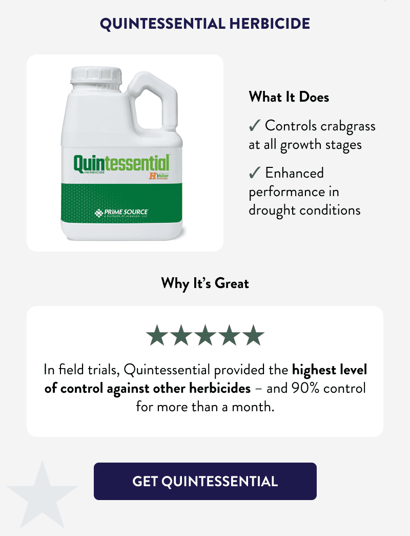 Quintessential Herbicide  What It Does  ✔ Controls crabgrass at all growth stages ✔ Enhanced performance in drought conditions  Why It's Great  In field trials, Quintessential provided the highest level of control against other herbicides – and 90% control for more than a month.  [GET QUINTESSENTIAL]
