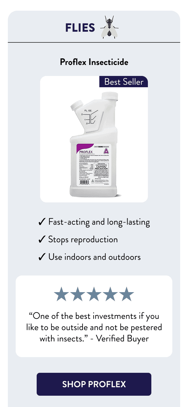 Flies Proflex Insecticide - Fast-acting and long-lasting - Stops reproduction - Use indoors and outdoors “One of the best investments if you like to be outside and not be pestered with insects.” – Verified Buyer [SHOP PROFLEX]