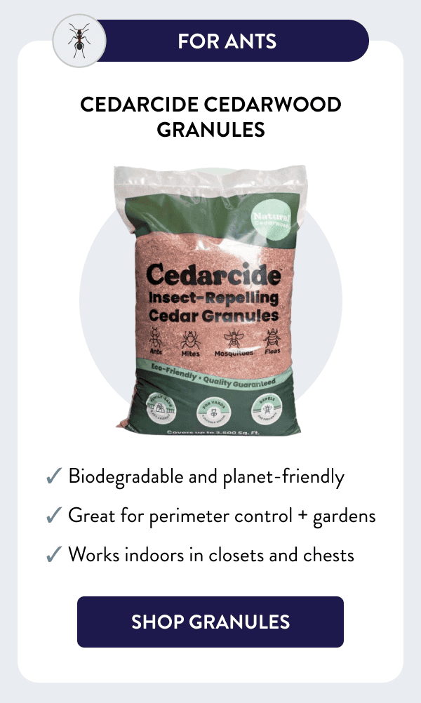 For Ants Cedarcide Cedarwood Granules ✓ Biodegradable and planet-friendly ✓ Great for perimeter control + gardens ✓ Works indoors in closets and chests [SHOP GRANULES]