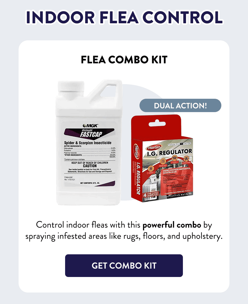 Indoor Flea Control  Dual action!  Flea Combo Kit  Control indoor fleas with this powerful combo by spraying infested areas like rugs, floors, and upholstery.  [GET COMBO KIT]