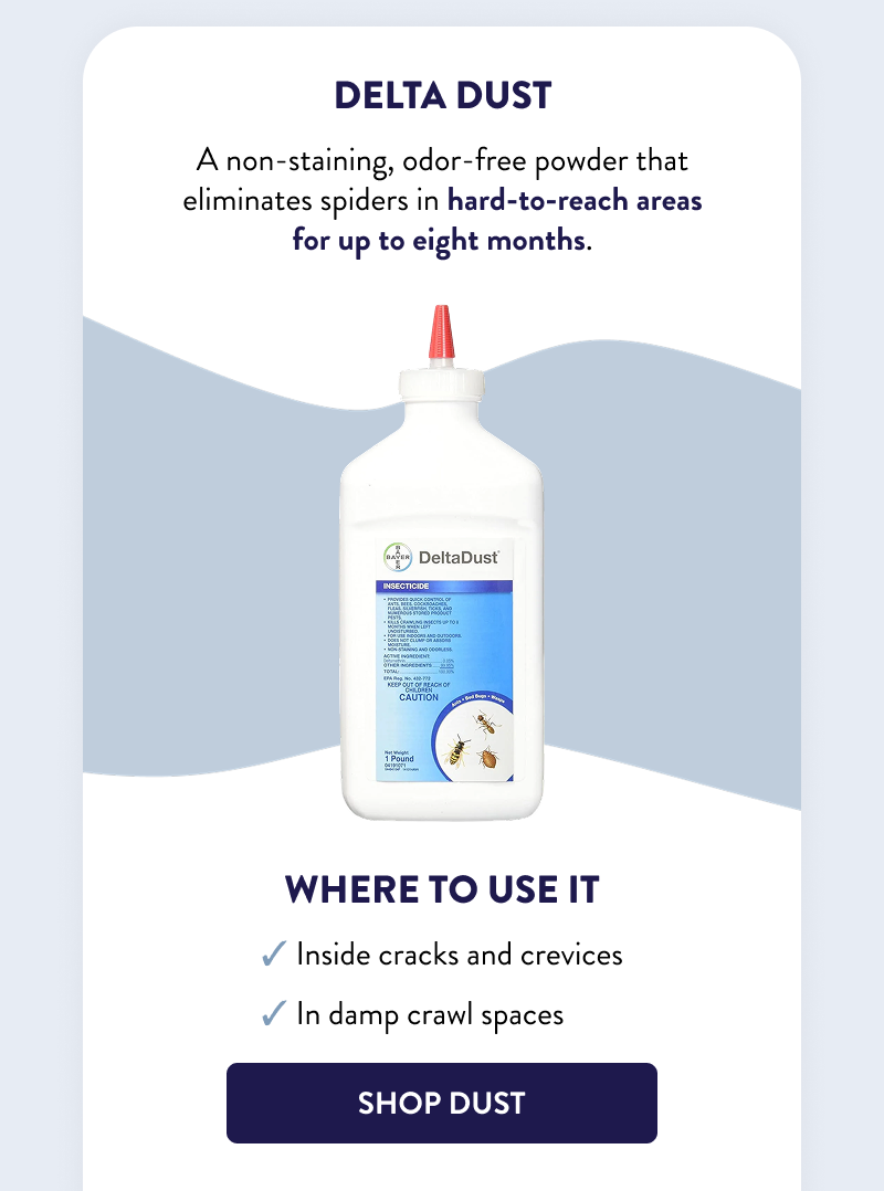 Delta Dust  A non-staining, odor-free powder that eliminates spiders in hard-to-reach areas for up to eight months.  Where to Use It  - Inside cracks and crevices - In damp crawl spaces  [SHOP DUST]