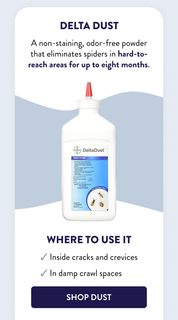 Delta Dust A non-staining, odor-free powder that eliminates spiders in hard-to-reach areas for up to eight months. Where to Use It - Inside cracks and crevices - In damp crawl spaces [SHOP DUST]