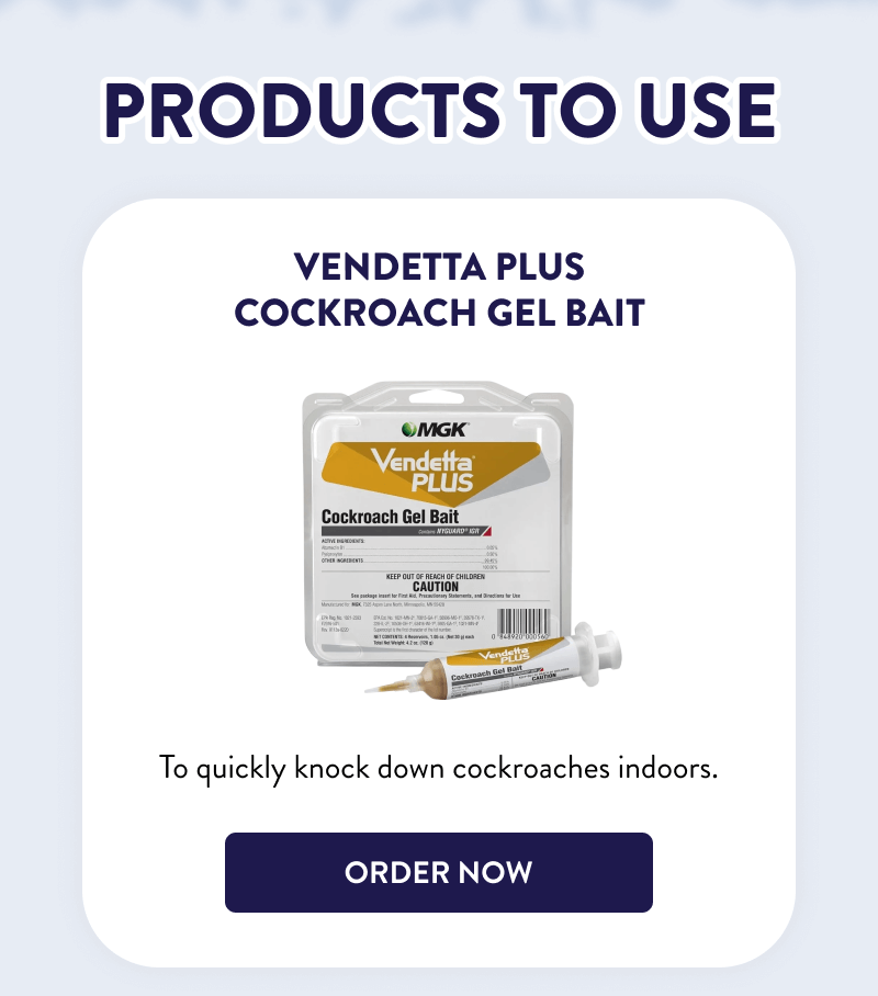 Products to Use  Vendetta Plus Cockroach Gel Bait  To quickly knock down cockroaches indoors.  [SHOP NOW]