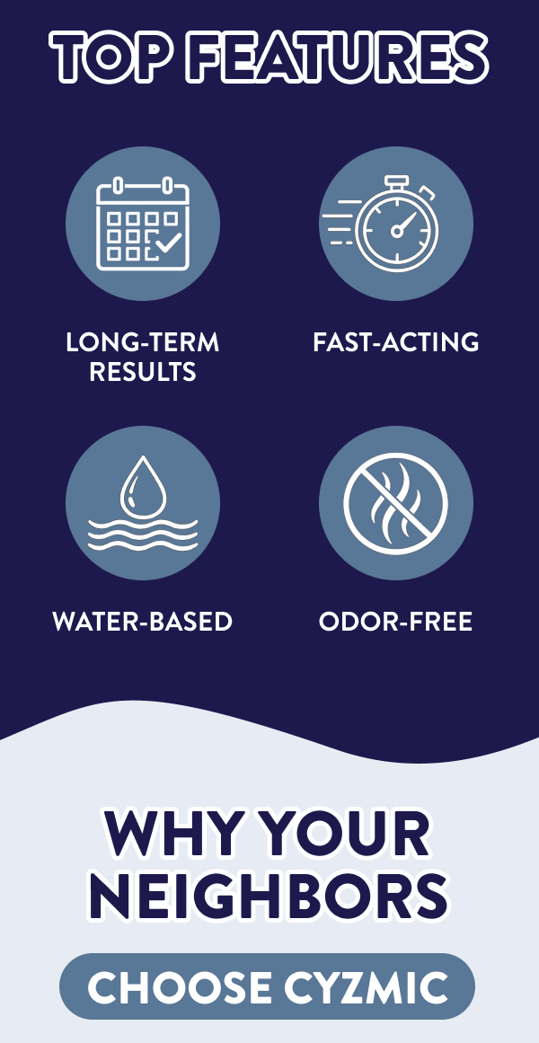 Top Features Long-term results Fast-acting Water-based Odor-free Why Your Neighbors Choose Cyzmic