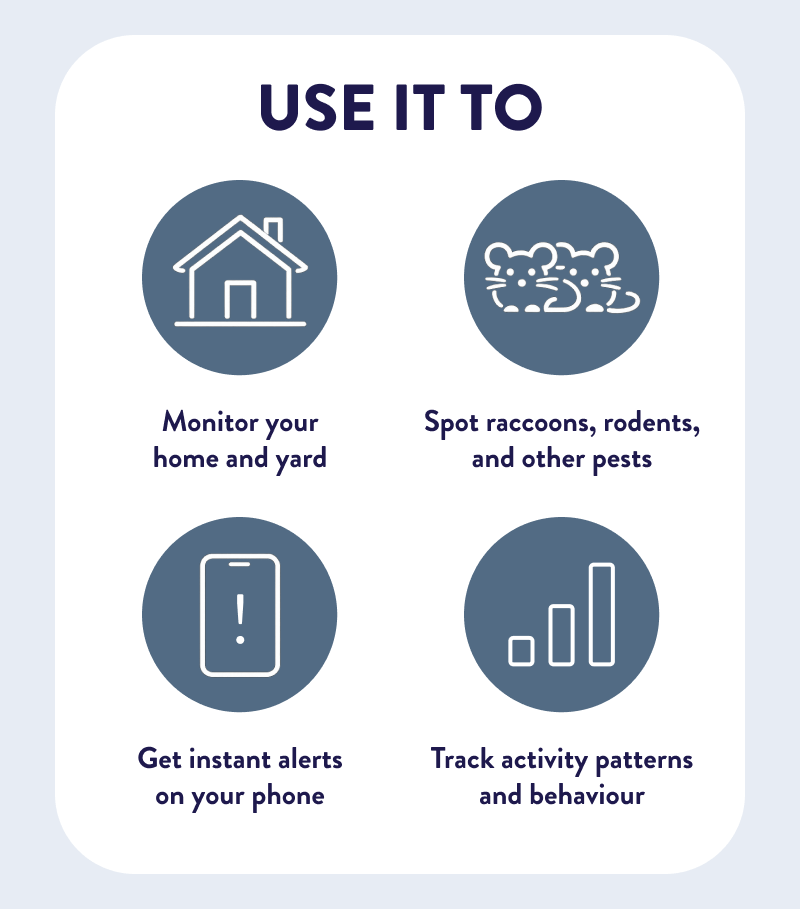 Use It To  - Monitor your home and yard - Spot raccoons, rodents, and other pests - Get instant alerts on your phone - Track activity patterns and behaviour