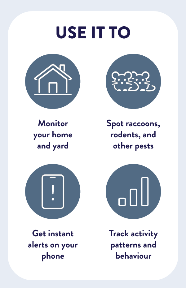 Use It To - Monitor your home and yard - Spot raccoons, rodents, and other pests - Get instant alerts on your phone - Track activity patterns and behaviour