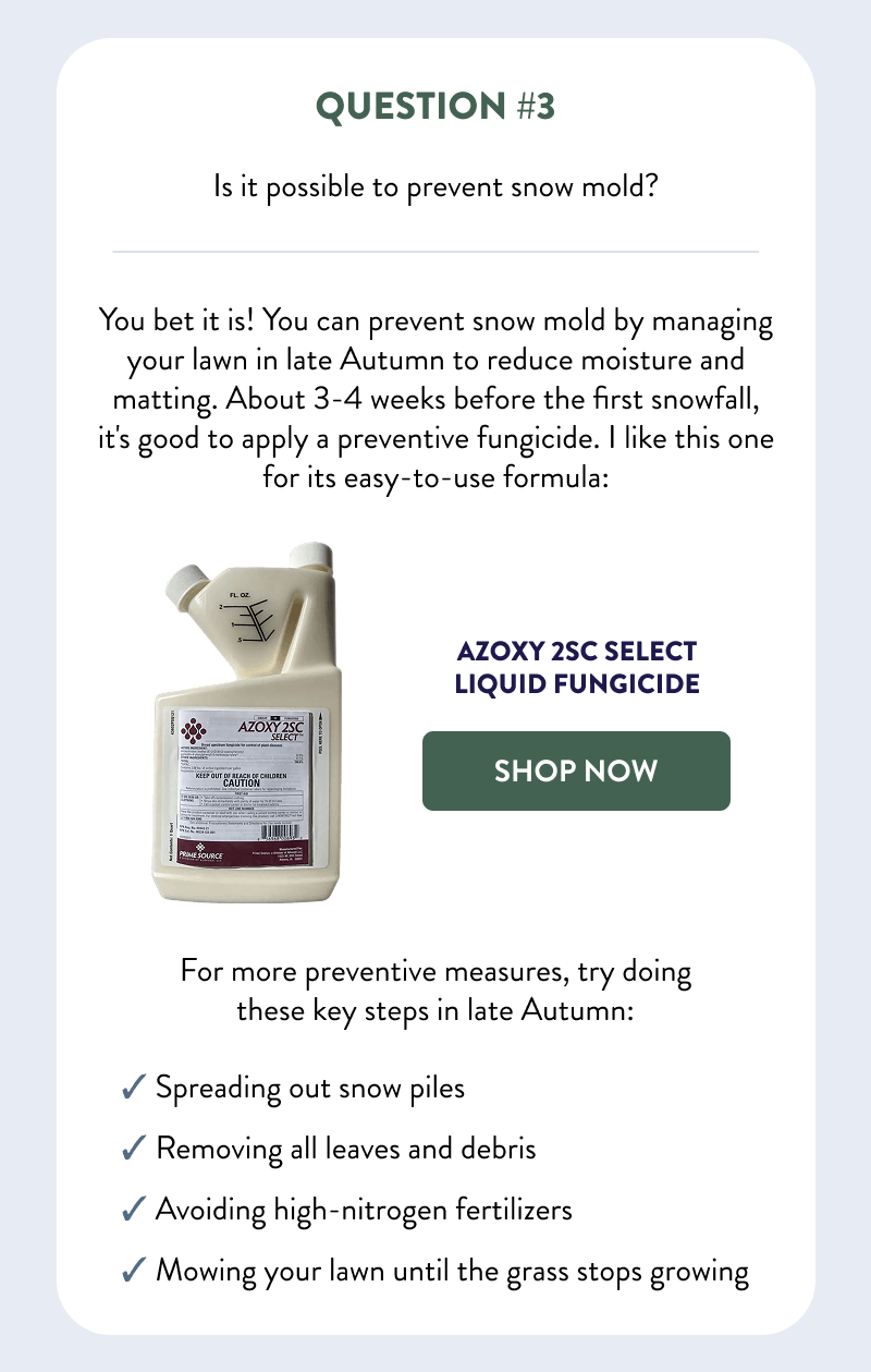 Question #3  Is it possible to prevent snow mold?  You bet it is! You can prevent snow mold by managing your lawn in late Autumn to reduce moisture and matting. About 3-4 weeks before the first snowfall, it's good to apply a preventive fungicide. I like this one for its easy-to-use formula:  [SHOP AZOXY]  For more preventive measures, try doing these key steps in late Autumn:  - Spreading out snow piles - Removing all leaves and debris - Avoiding high-nitrogen fertilizers - Mowing your lawn until the grass stops growing
