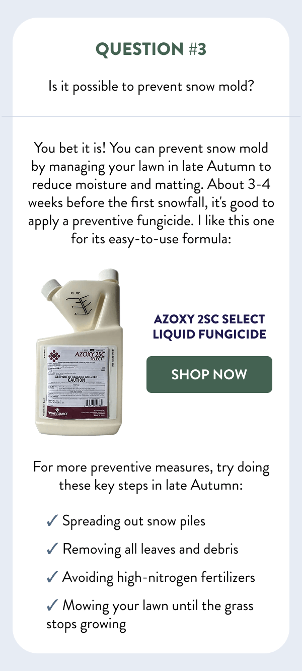 Question #3 Is it possible to prevent snow mold? You bet it is! You can prevent snow mold by managing your lawn in late Autumn to reduce moisture and matting. About 3-4 weeks before the first snowfall, it's good to apply a preventive fungicide. I like this one for its easy-to-use formula: [SHOP AZOXY] For more preventive measures, try doing these key steps in late Autumn: - Spreading out snow piles - Removing all leaves and debris - Avoiding high-nitrogen fertilizers - Mowing your lawn until the grass stops growing