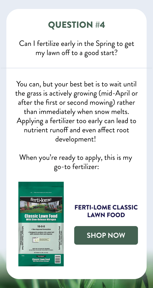 Question #4 Can I fertilize early in the Spring to get my lawn off to a good start? You can, but your best bet is to wait until the grass is actively growing (mid-April or after the first or second mowing) rather than immediately when snow melts. Applying a fertilizer too early can lead to nutrient runoff and even affect root development! When you’re ready to apply, this is my go-to fertilizer: [SHOP FERTI-LOME]