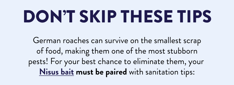 Don’t Skip These Tips  German roaches can survive on the smallest scrap of food, making them one of the most stubborn pests! For your best chance to eliminate them, your Nisus bait must be paired with sanitation tips: