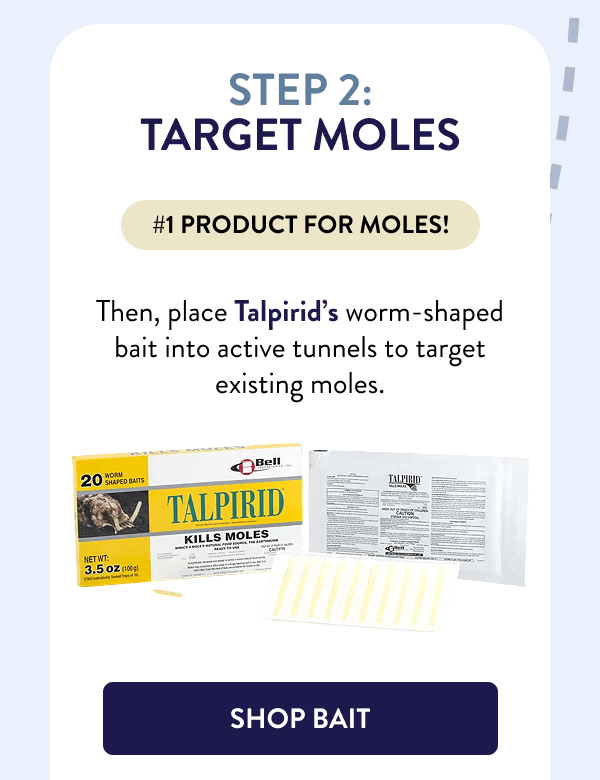 Step 2: Target Moles #1 product for moles! Then, place Talpirid’s worm-shaped bait into active tunnels to target existing moles, and use MoleSlayer’s mole traps to monitor future mole activity. [SHOP BAIT]