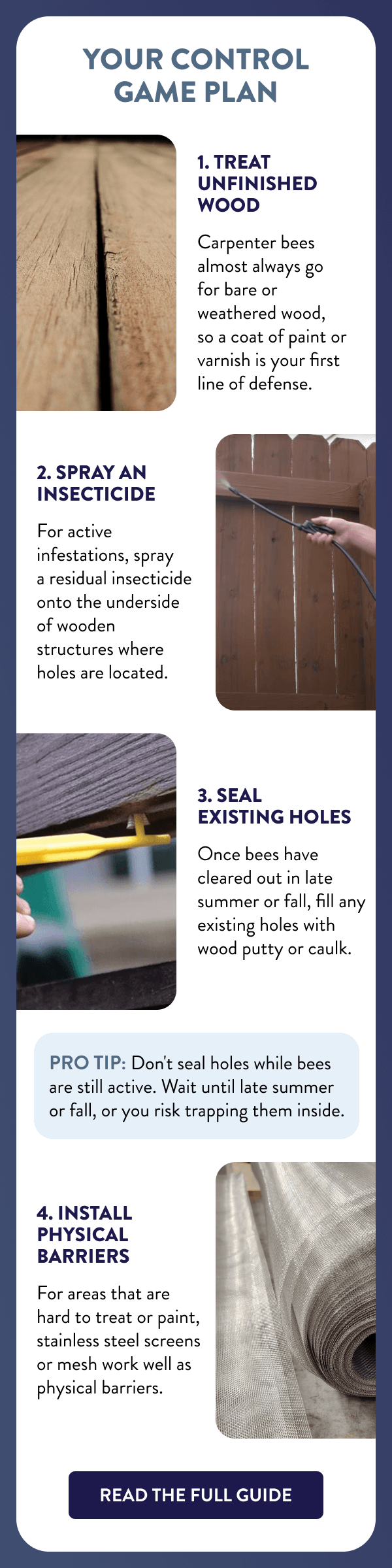 Your Control Game Plan 1. Treat Unfinished Wood Carpenter bees almost always go for bare or weathered wood, so a coat of paint or varnish is your first line of defense. 2. Spray an Insecticide For active infestations, spray a residual insecticide onto the underside of wooden structures where holes are located. 3. Seal Existing Holes Once bees have cleared out in late summer or fall, fill any existing holes with wood putty or caulk. Pro tip: Don't seal holes while bees are still active. Wait until late summer or fall, or you risk trapping them inside. 4. Install Physical Barriers For areas that are hard to treat or paint, stainless steel screens or mesh work well as physical barriers. [READ THE FULL GUIDE]