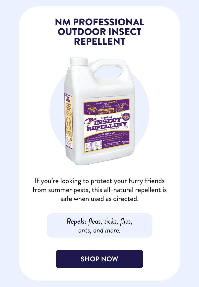 NM Professional Outdoor Insect Repellent  If you’re looking to protect your furry friends from summer pests, this all-natural repellent is safe when used as directed.  Repels: fleas, ticks, flies, ants, and more.  [SHOP NOW]