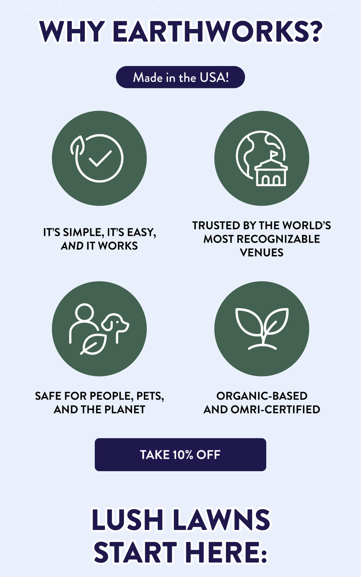 Why EarthWorks?  Made in the USA!  It’s simple, it’s easy, and it works; Trusted by the world’s most recognizable venues; Safe for people, pets, and the planet; Organic-based and OMRI-certified;  [TAKE 10% OFF]  Lush Lawns Start Here: