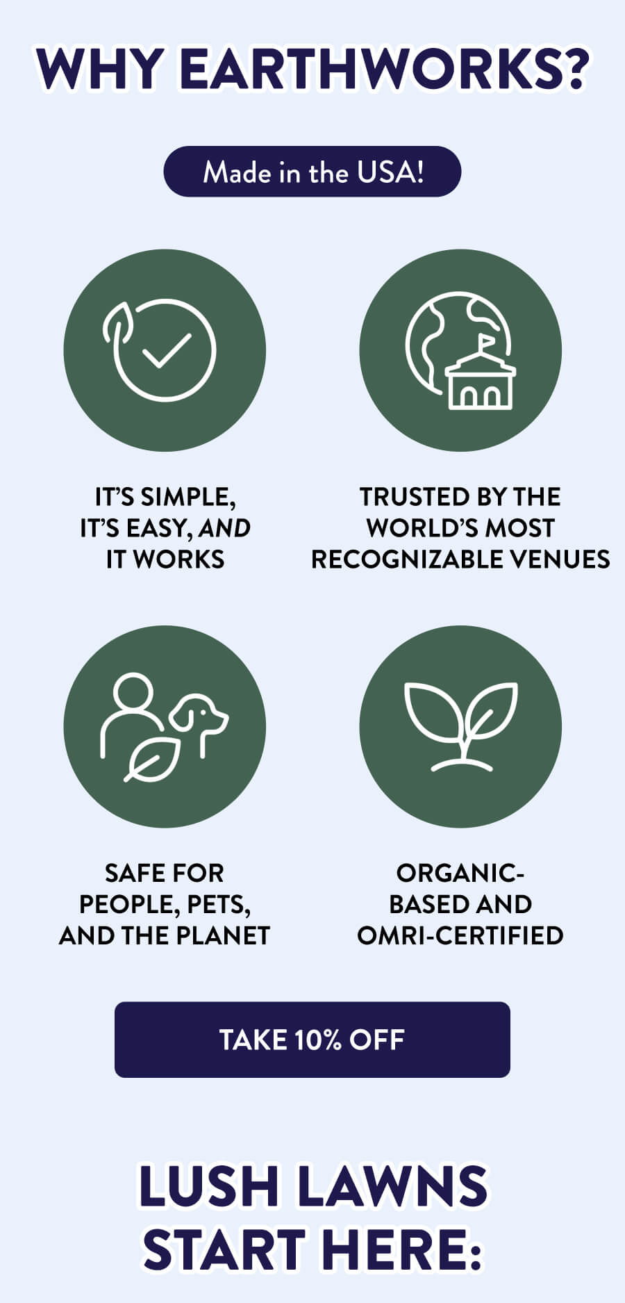 Why EarthWorks? Made in the USA! It’s simple, it’s easy, and it works; Trusted by the world’s most recognizable venues; Safe for people, pets, and the planet; Organic-based and OMRI-certified; [TAKE 10% OFF] Lush Lawns Start Here: