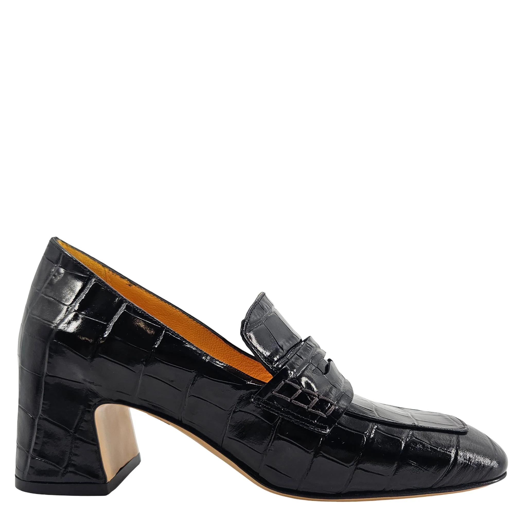Image of Black Leather Heel Moc Croc Leather Loafer