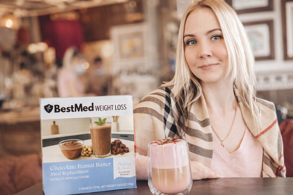 an image of a woman sitting at a table with a box of bestmed
