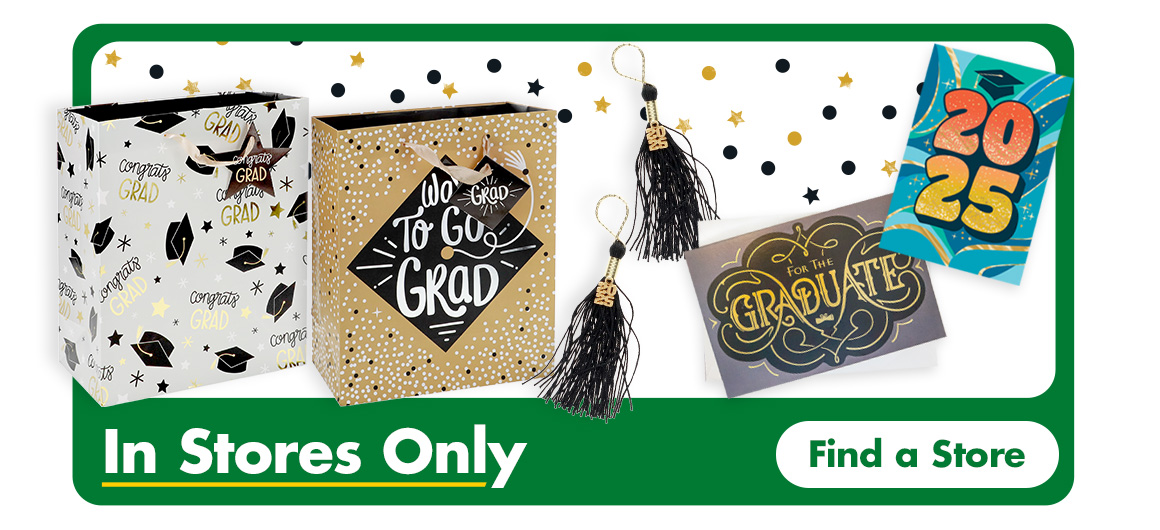 "In Stores Only" and graduation gift bags, 2 tassels, and 2 cards